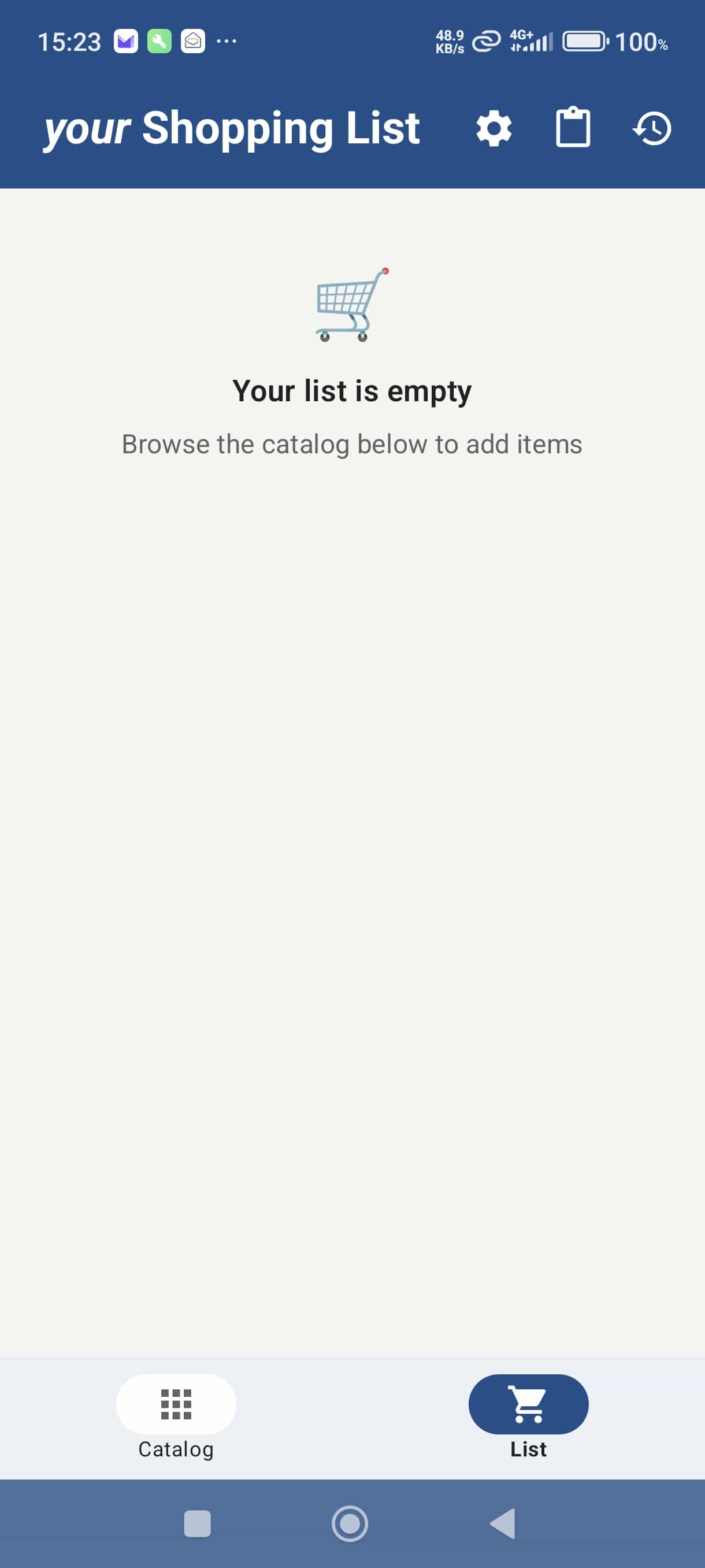 Empty shopping list appears