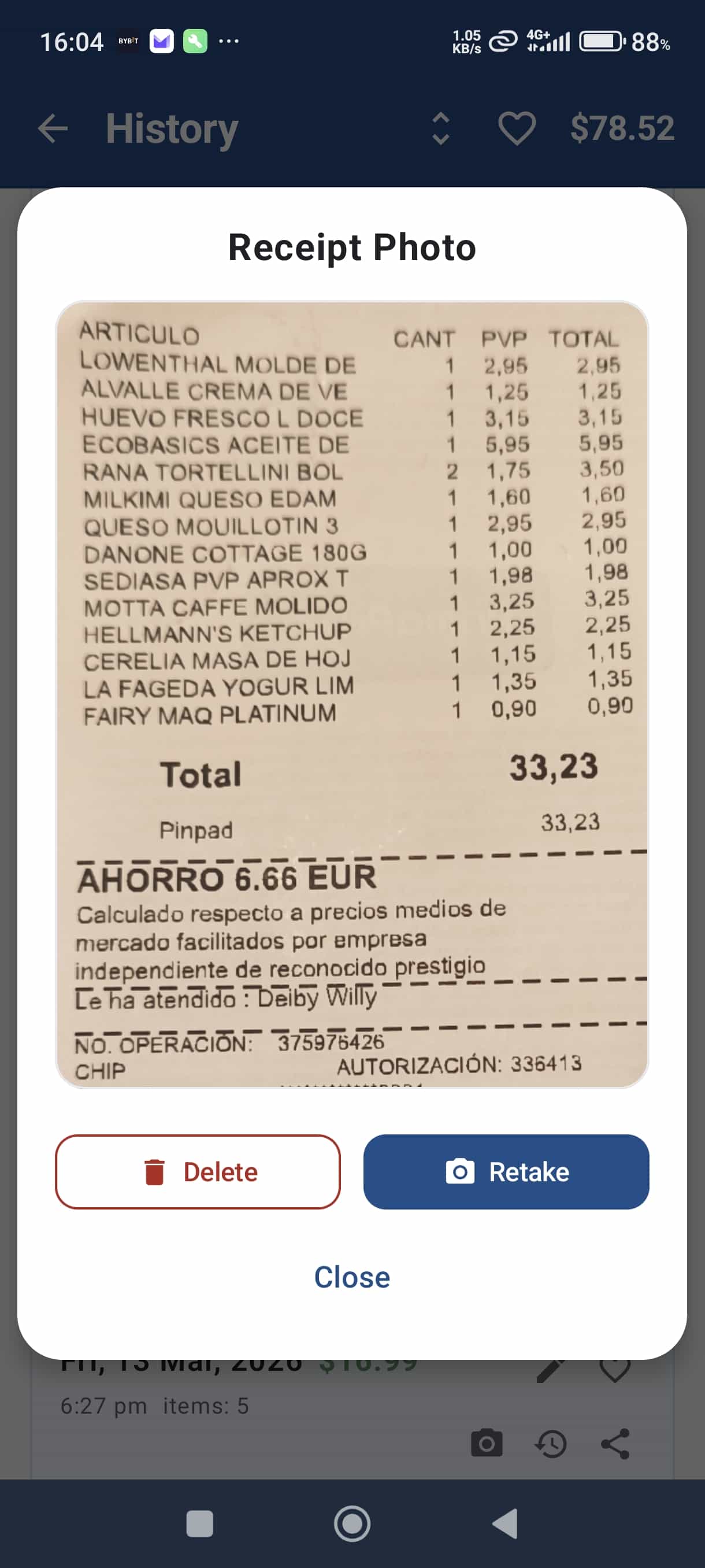 Receipt photo attached to trip