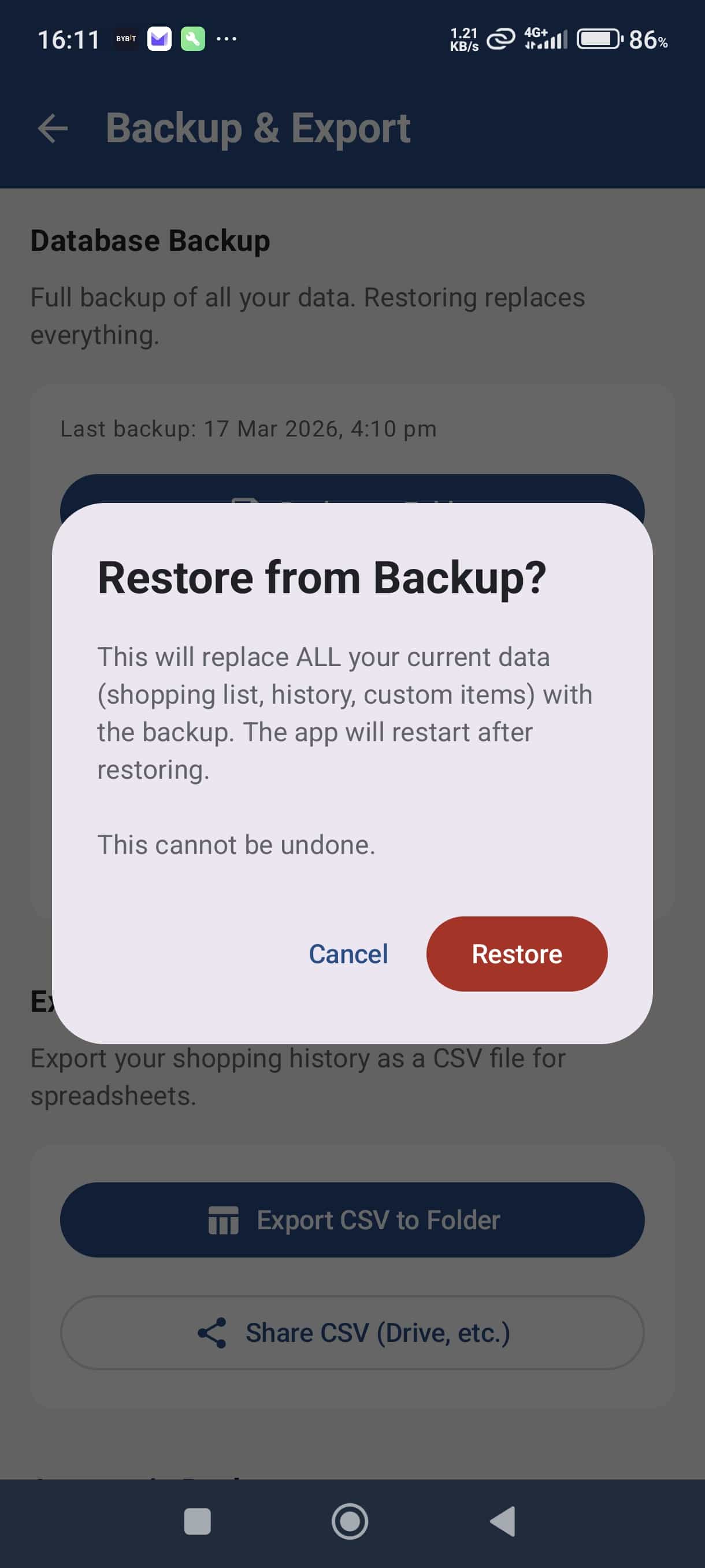 Restore from backup screen