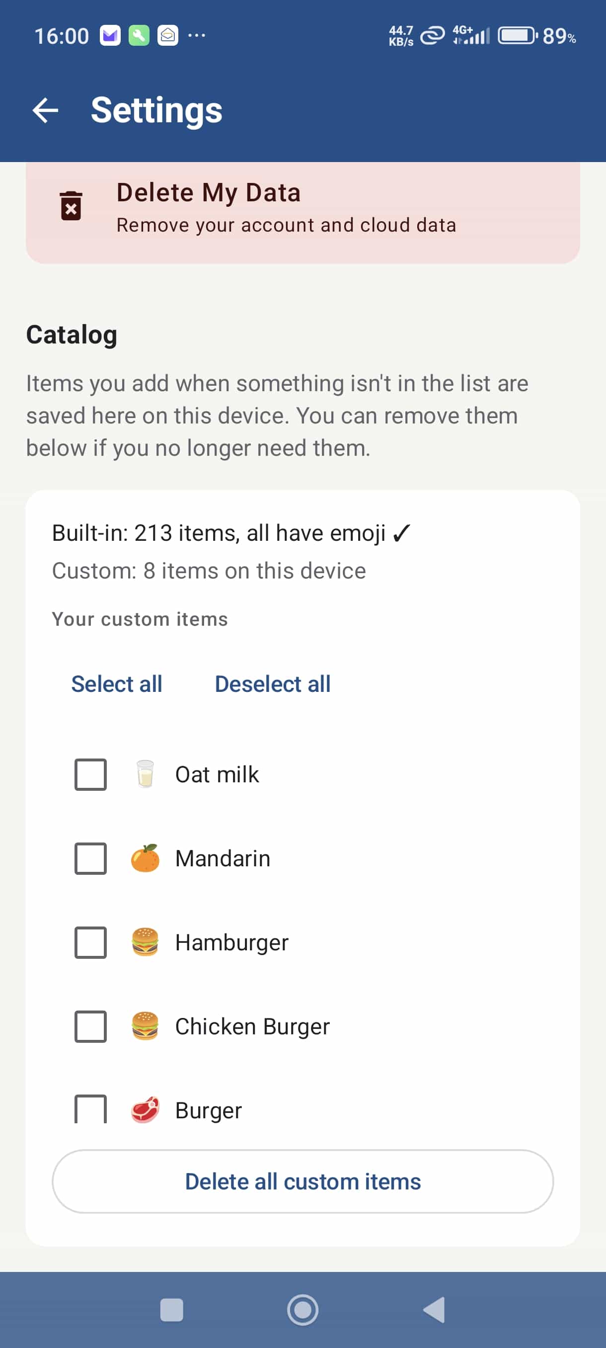 Manage custom items screen