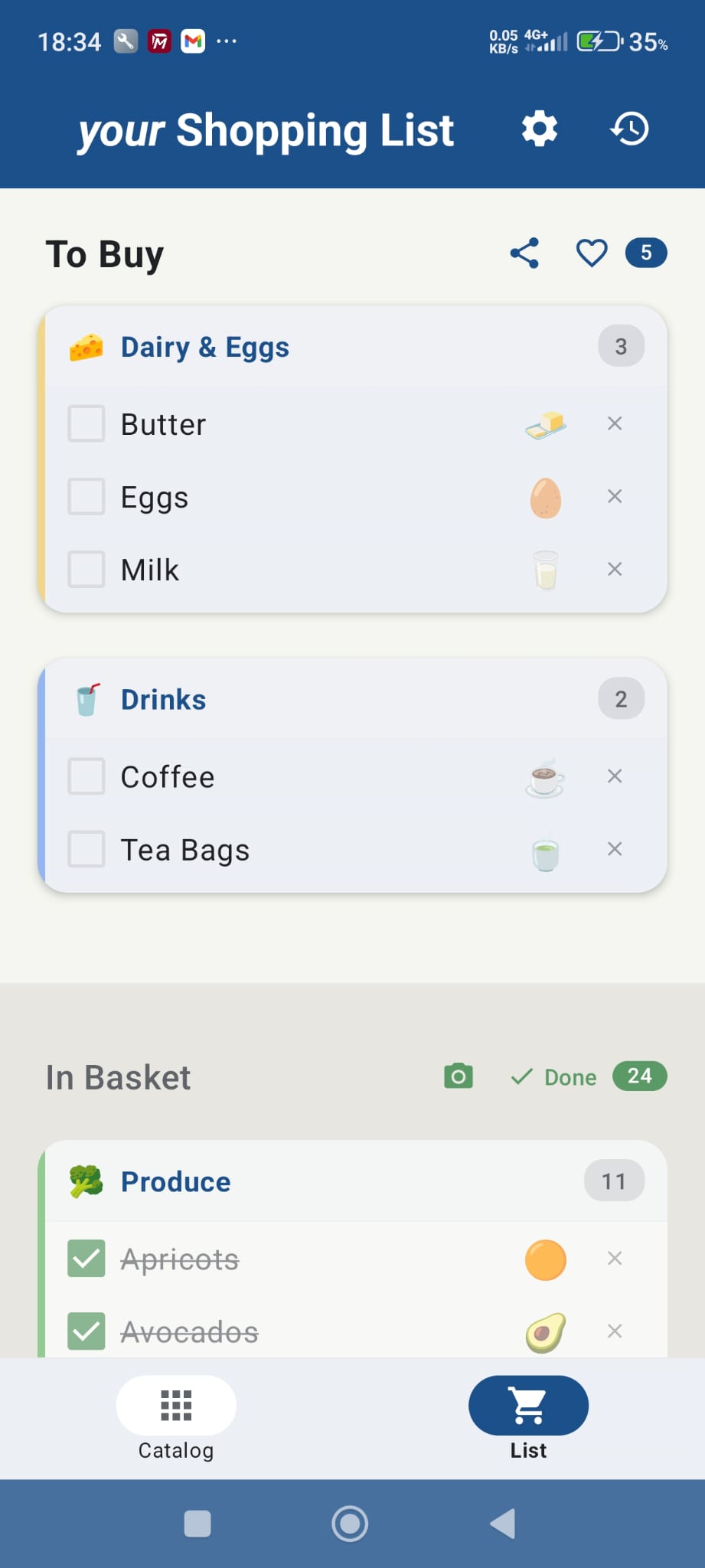 Your Shopping List app showing items to buy and items in basket