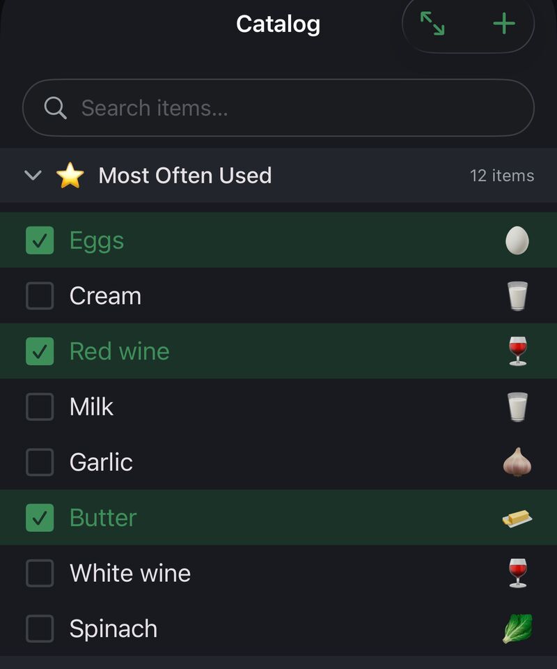 The Catalog with a Most Often Used section at the top