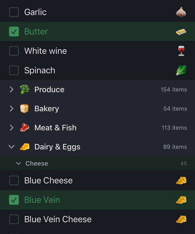 Catalog categories with item counts and an expanded Cheese subcategory