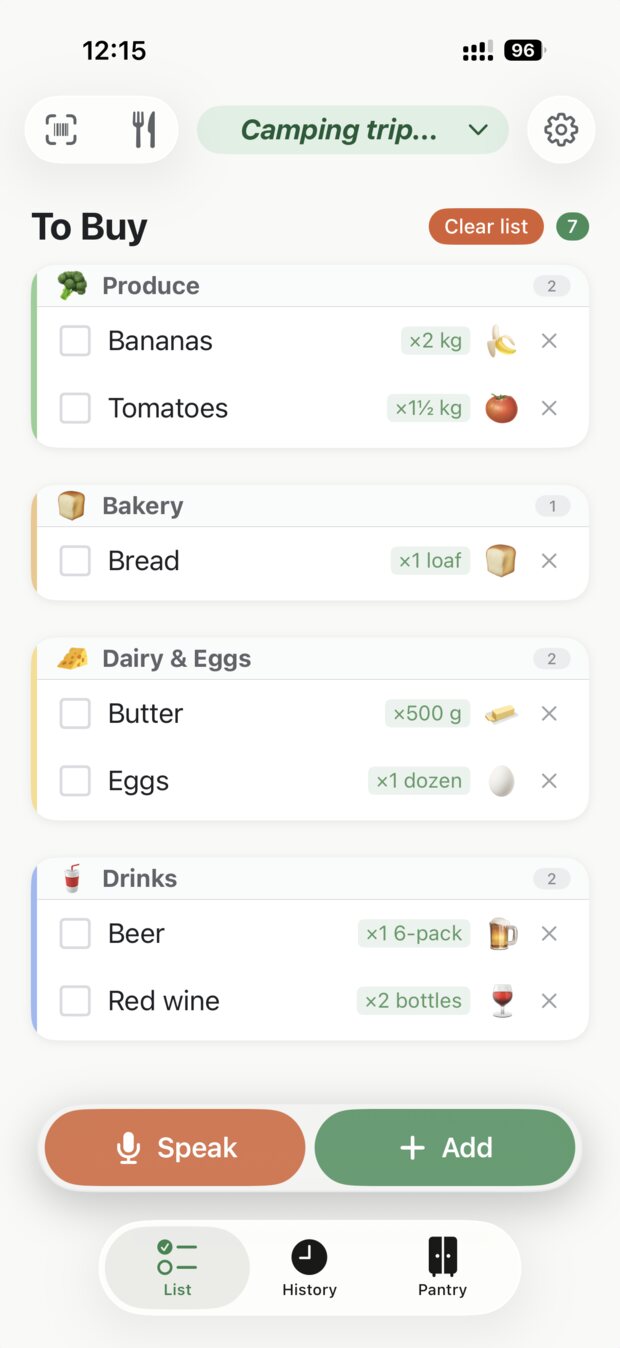 Voice Grocery List showing a shopping list grouped by category, with the Speak and Add buttons