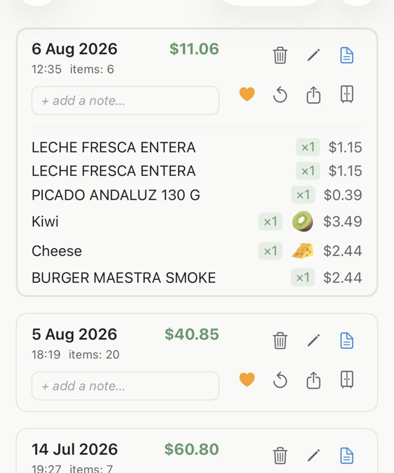 The History tab listing past shopping trips, newest first