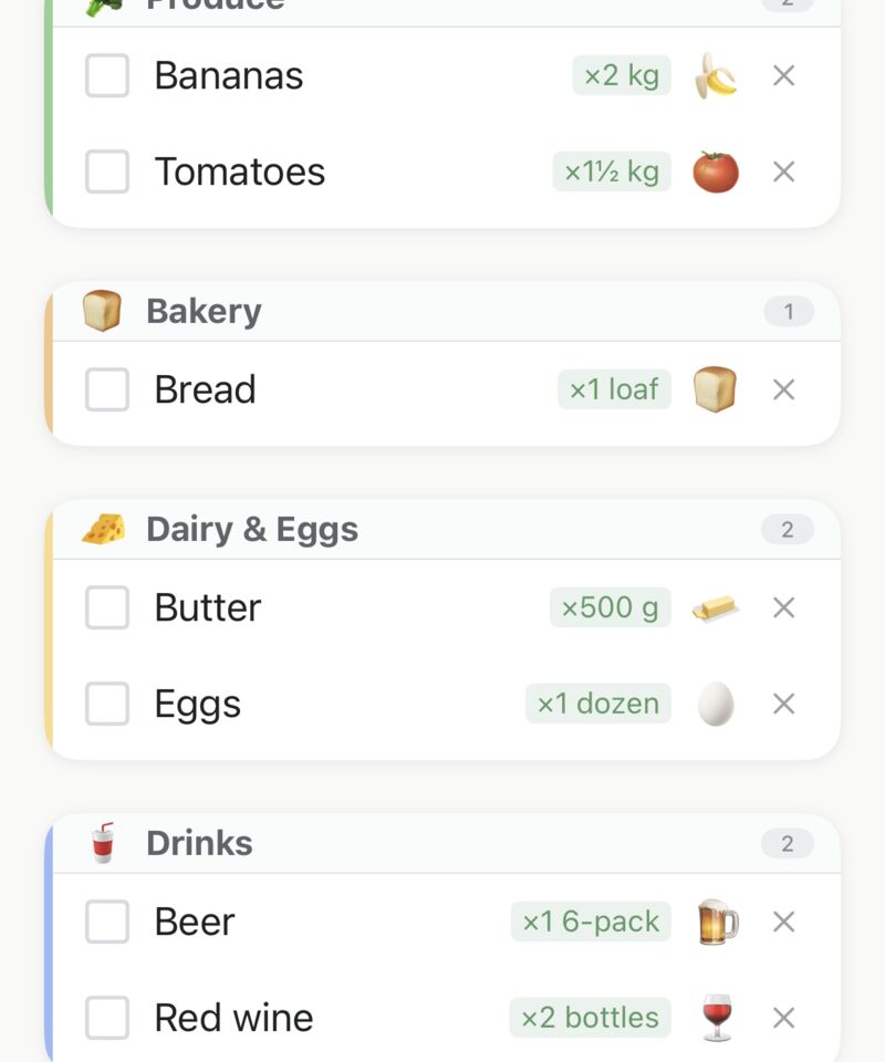 Quantity badges beside each item, such as x2 kg and x1 loaf