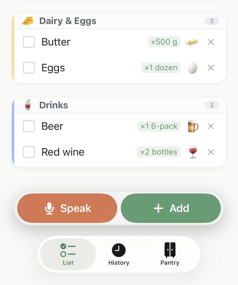 The List, History and Pantry tabs along the bottom of the screen
