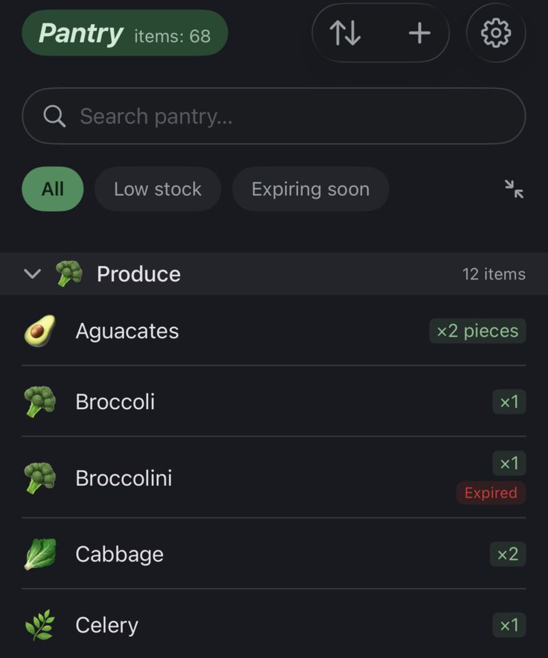 The Pantry tab with search, filters and items