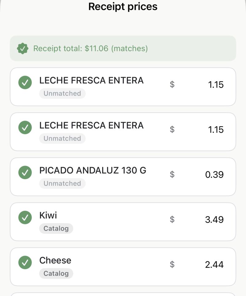 The Receipt prices review sheet with matched items and prices