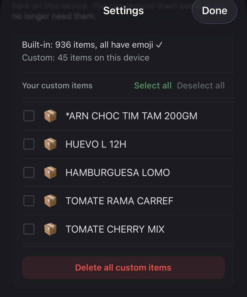 Settings showing 936 built-in items and the list of your own custom items