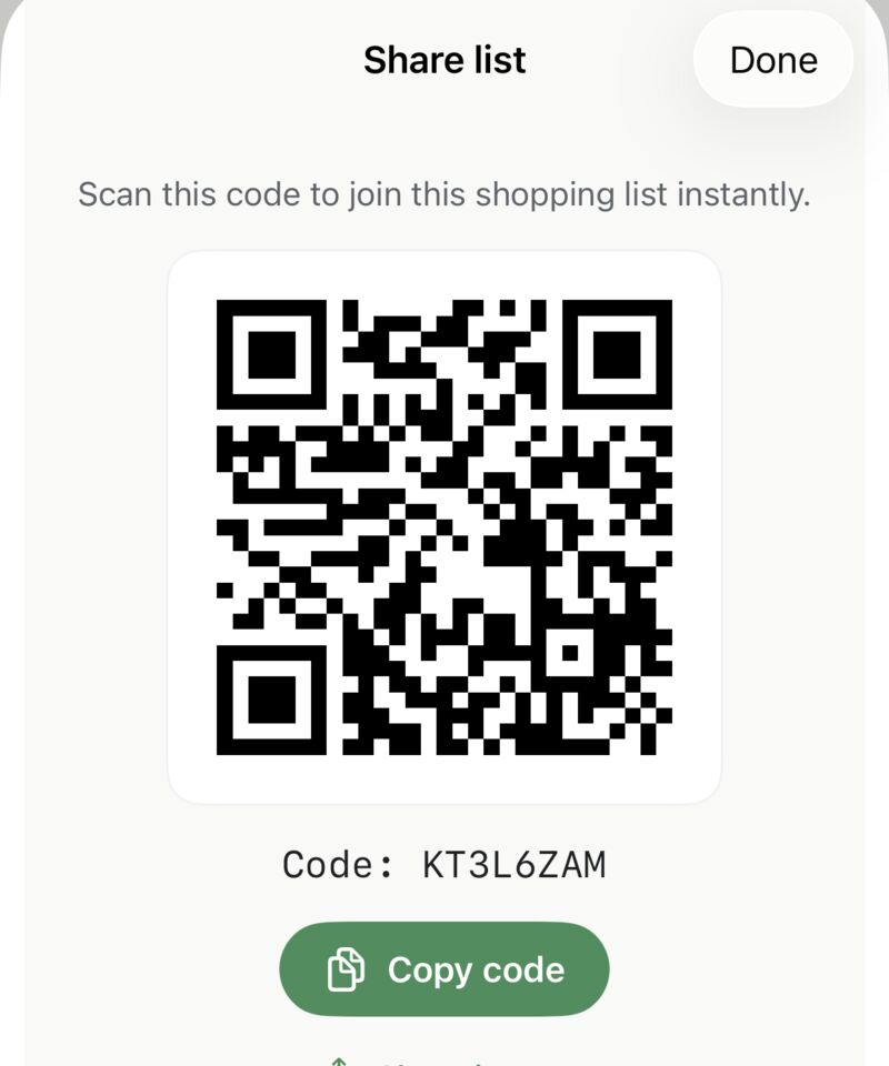 The Share list sheet showing a QR code and a join code